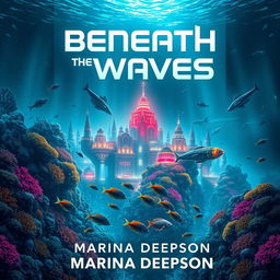 A captivating book cover design for 'Beneath the Waves' by Marina Deepson, featuring a breathtaking underwater sci-fi scene