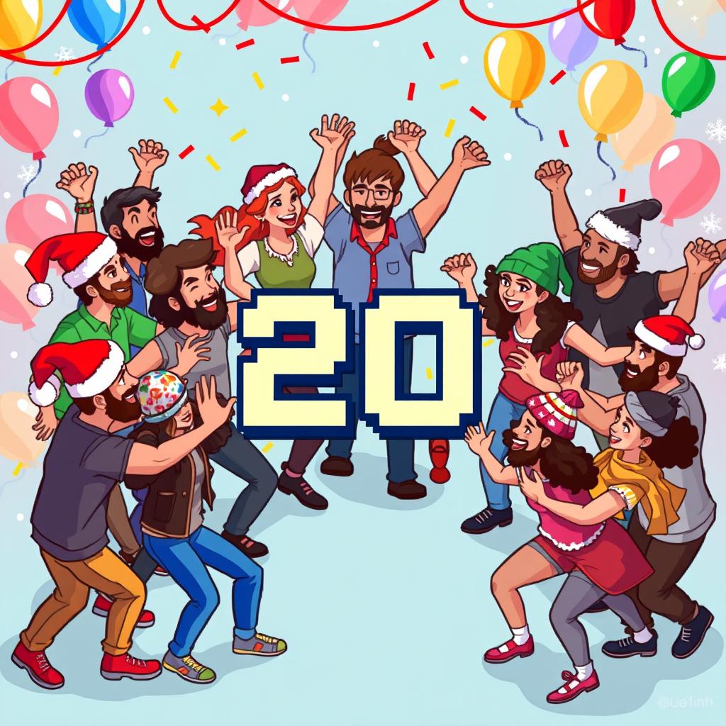 A lively scene in pixel art style featuring a diverse group of programmers, both male and female, joyfully dancing in a circle around the number 20