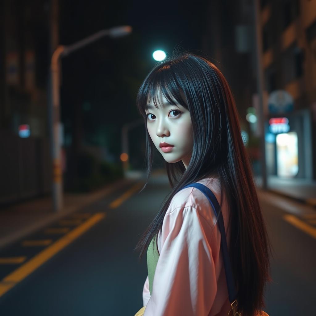 A cute Korean girl positioned on the right side of the image in front view against a dark street background