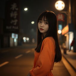 A cute Korean girl positioned on the right side of the image in front view against a dark street background