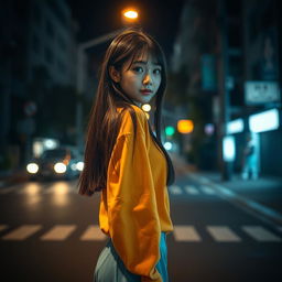 A cute Korean girl positioned on the right side of the image in front view against a dark street background