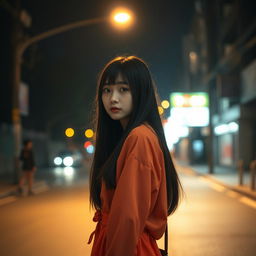 A cute Korean girl positioned on the right side of the image in front view against a dark street background