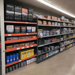 A bustling online auto parts store with a variety of items for sale, including gears, car batteries, spark plugs, tires, and brake pads.