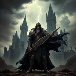 A corrupted paladin standing defiantly in front of a dark, menacing castle