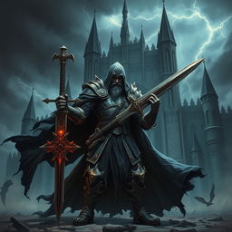 A corrupted paladin standing defiantly in front of a dark, menacing castle