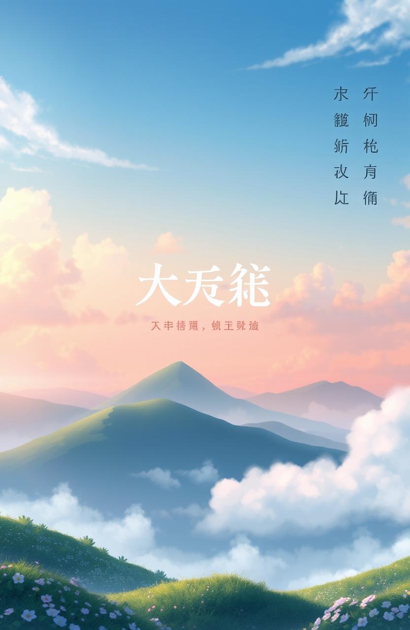 A book cover featuring a serene anime landscape as the background