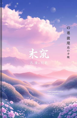 A book cover featuring a serene anime landscape as the background