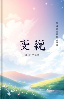 A book cover featuring a serene anime landscape as the background