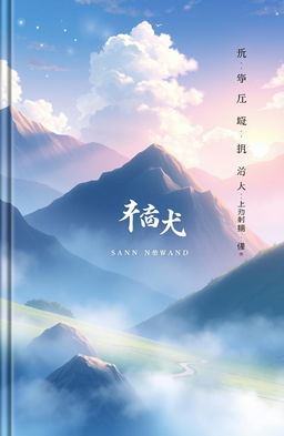 A book cover featuring a serene anime landscape as the background