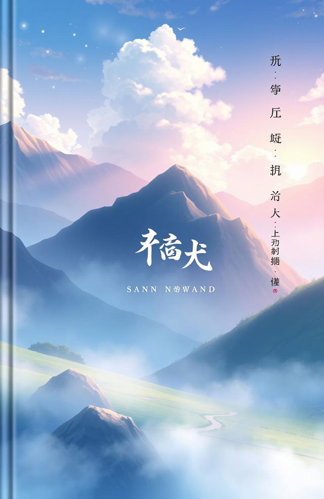 A book cover featuring a serene anime landscape as the background