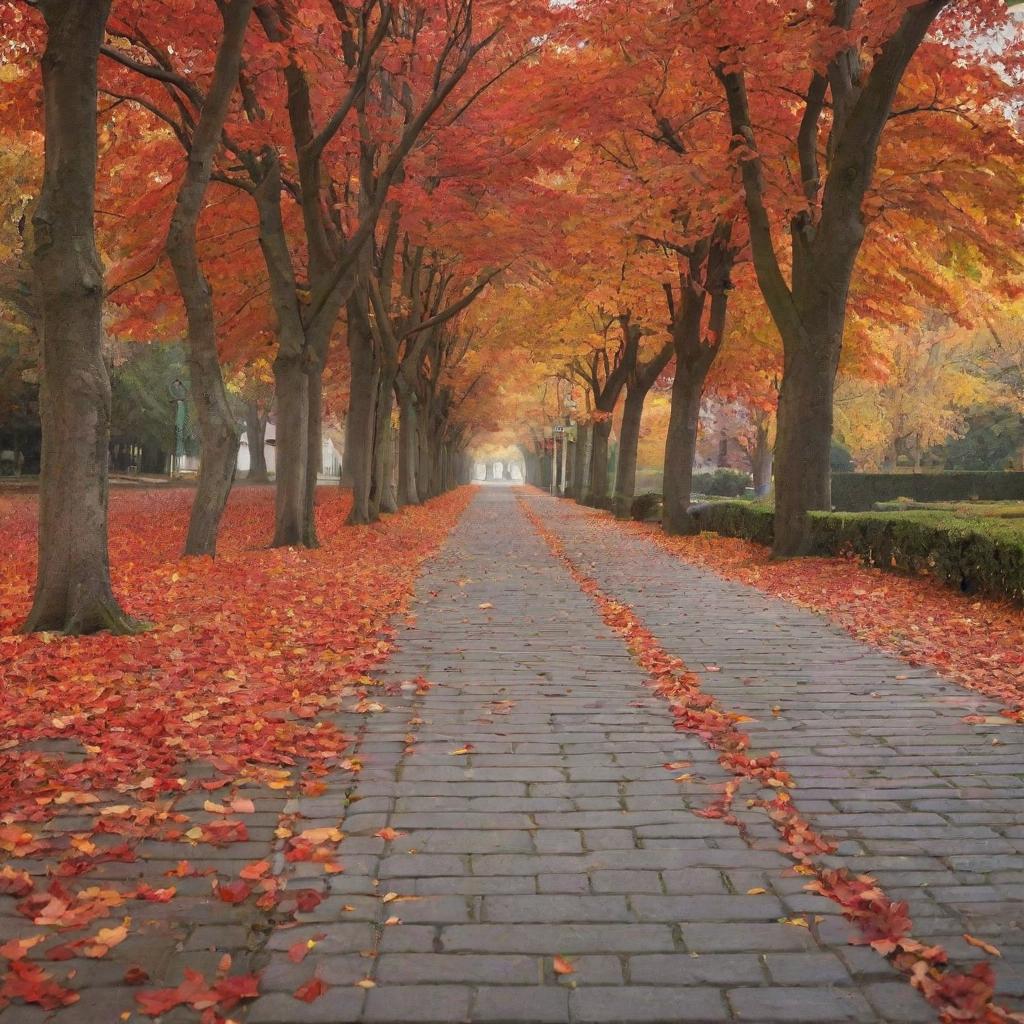 Create an image of a serene autumn landscape, with fiery red and orange leaves falling from the trees onto a quaint cobblestone path.