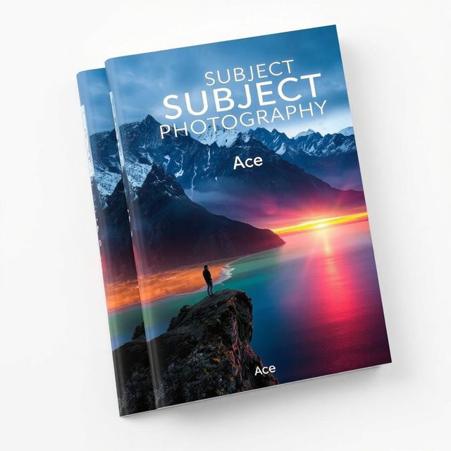 A striking book cover design for 'Subject Photography' by Ace, showcasing a cunningly composed image that blends majestic mountains, serene seas, and a human figure