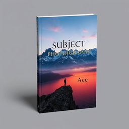 A striking book cover design for 'Subject Photography' by Ace, showcasing a cunningly composed image that blends majestic mountains, serene seas, and a human figure