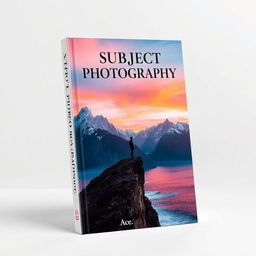 A striking book cover design for 'Subject Photography' by Ace, showcasing a cunningly composed image that blends majestic mountains, serene seas, and a human figure