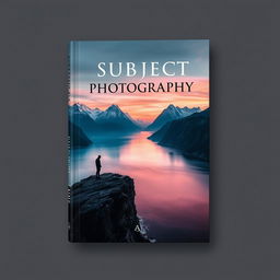 A striking book cover design for 'Subject Photography' by Ace, showcasing a cunningly composed image that blends majestic mountains, serene seas, and a human figure