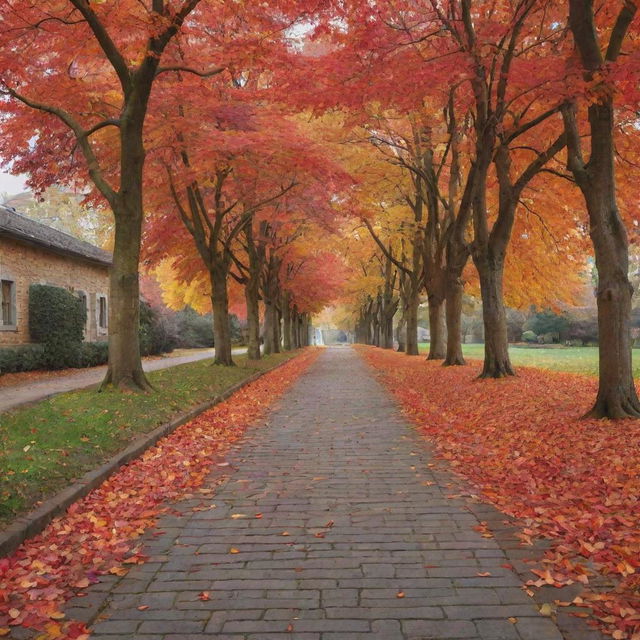 Create an image of a serene autumn landscape, with fiery red and orange leaves falling from the trees onto a quaint cobblestone path.