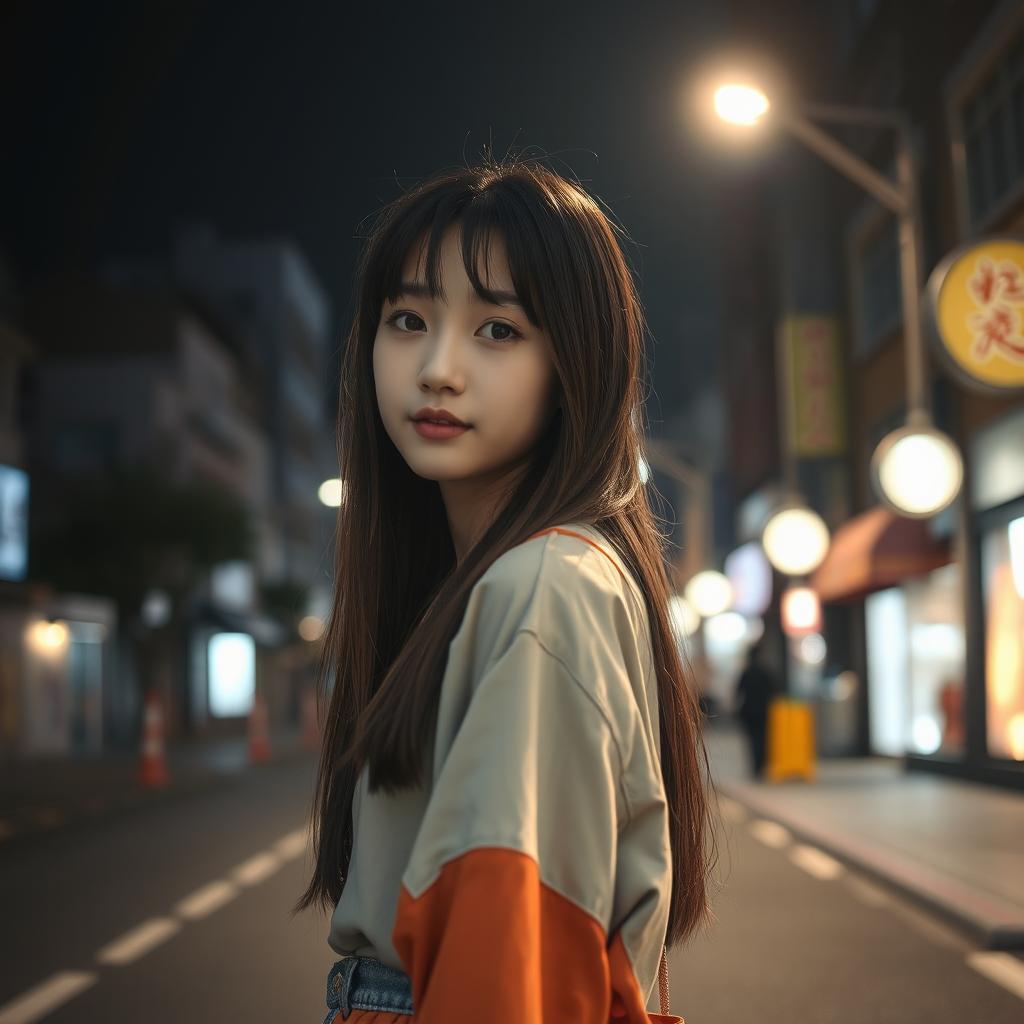 A cute Korean girl positioned on the left side in front view against a dark street background