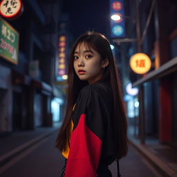 A cute Korean girl positioned on the left side in front view against a dark street background