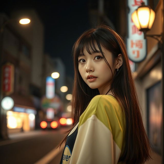 A cute Korean girl positioned on the left side in front view against a dark street background