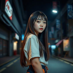 A cute Korean girl positioned on the left side in front view against a dark street background