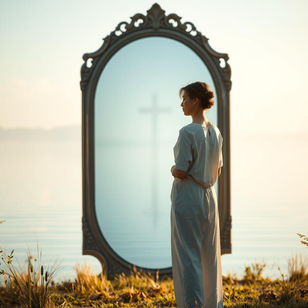 A contemplative and serene scene featuring a person standing in front of a large, ornate mirror or a tranquil body of water, gazing thoughtfully at their reflection