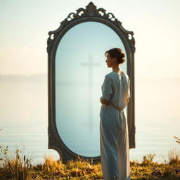 A contemplative and serene scene featuring a person standing in front of a large, ornate mirror or a tranquil body of water, gazing thoughtfully at their reflection