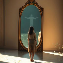 A contemplative and serene scene featuring a person standing in front of a large, ornate mirror or a tranquil body of water, gazing thoughtfully at their reflection