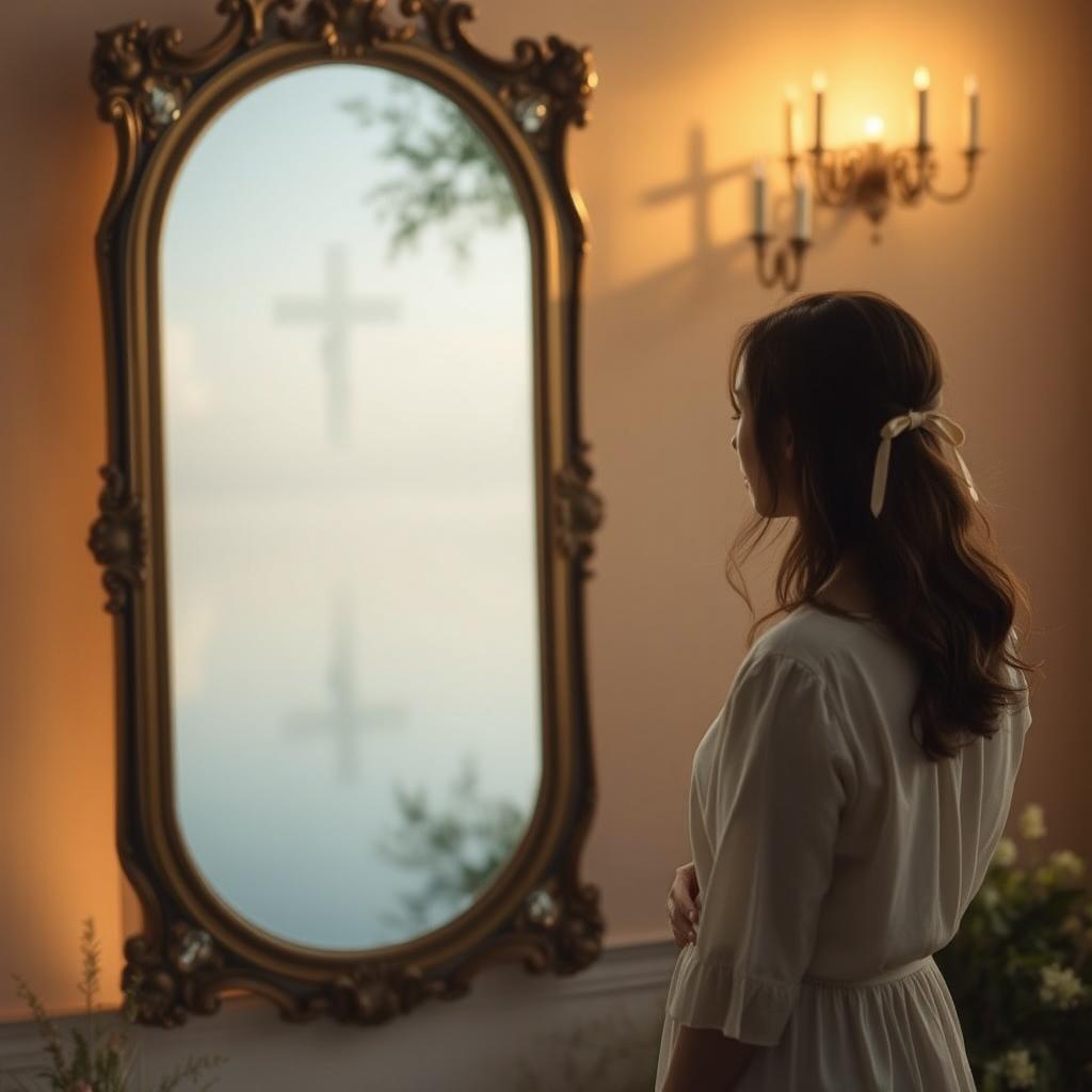 A contemplative and serene scene featuring a person standing in front of a large, ornate mirror or a tranquil body of water, gazing thoughtfully at their reflection