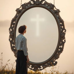 A contemplative and serene scene featuring a person standing in front of a large, ornate mirror or a tranquil body of water, gazing thoughtfully at their reflection