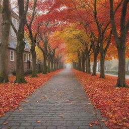 Create an image of a serene autumn landscape, with fiery red and orange leaves falling from the trees onto a quaint cobblestone path.