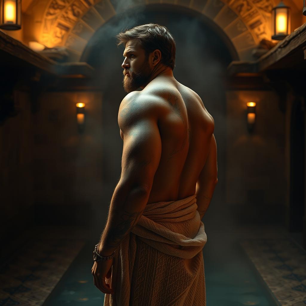 A 42-year-old human warrior standing in a medieval-style hammam bathhouse