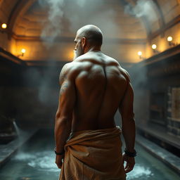 A 42-year-old human warrior standing in a medieval-style hammam bathhouse