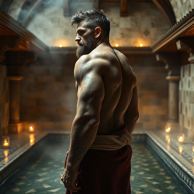 A 42-year-old human warrior standing in a medieval-style hammam bathhouse