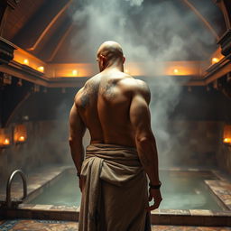 A 42-year-old human warrior standing in a medieval-style hammam bathhouse