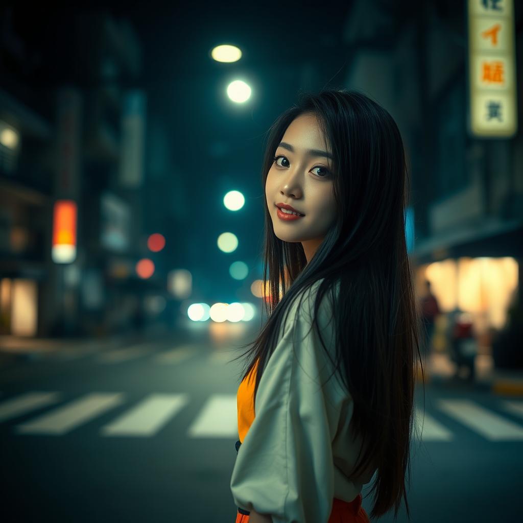 A cute Korean girl positioned at the right edge of the image in front view against a dark street background