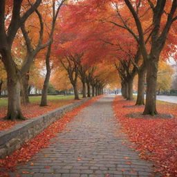 Create an image of a serene autumn landscape, with fiery red and orange leaves falling from the trees onto a quaint cobblestone path.