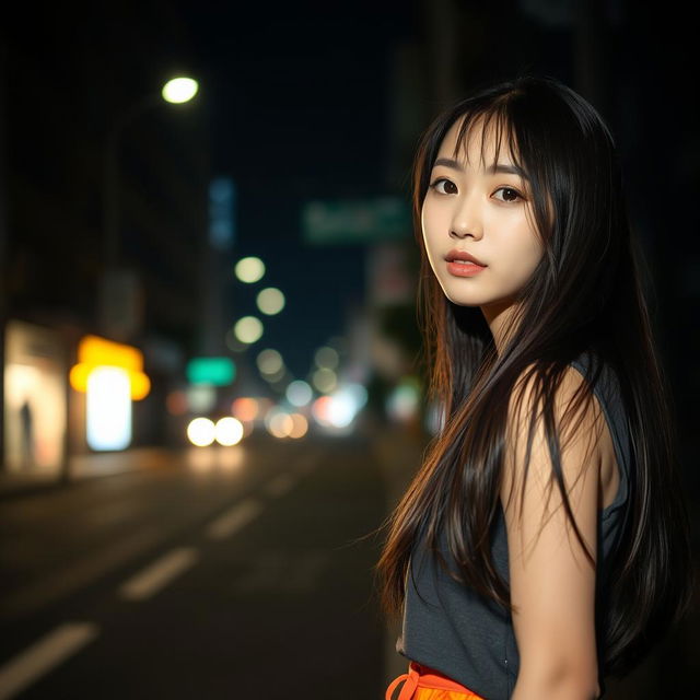 A cute Korean girl positioned at the right edge of the image in front view against a dark street background