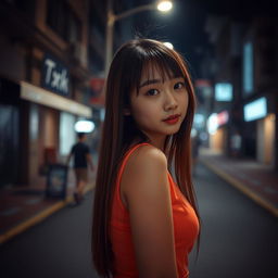 A cute Korean girl positioned at the right edge of the image in front view against a dark street background