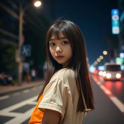 A cute Korean girl positioned at the right edge of the image in front view against a dark street background