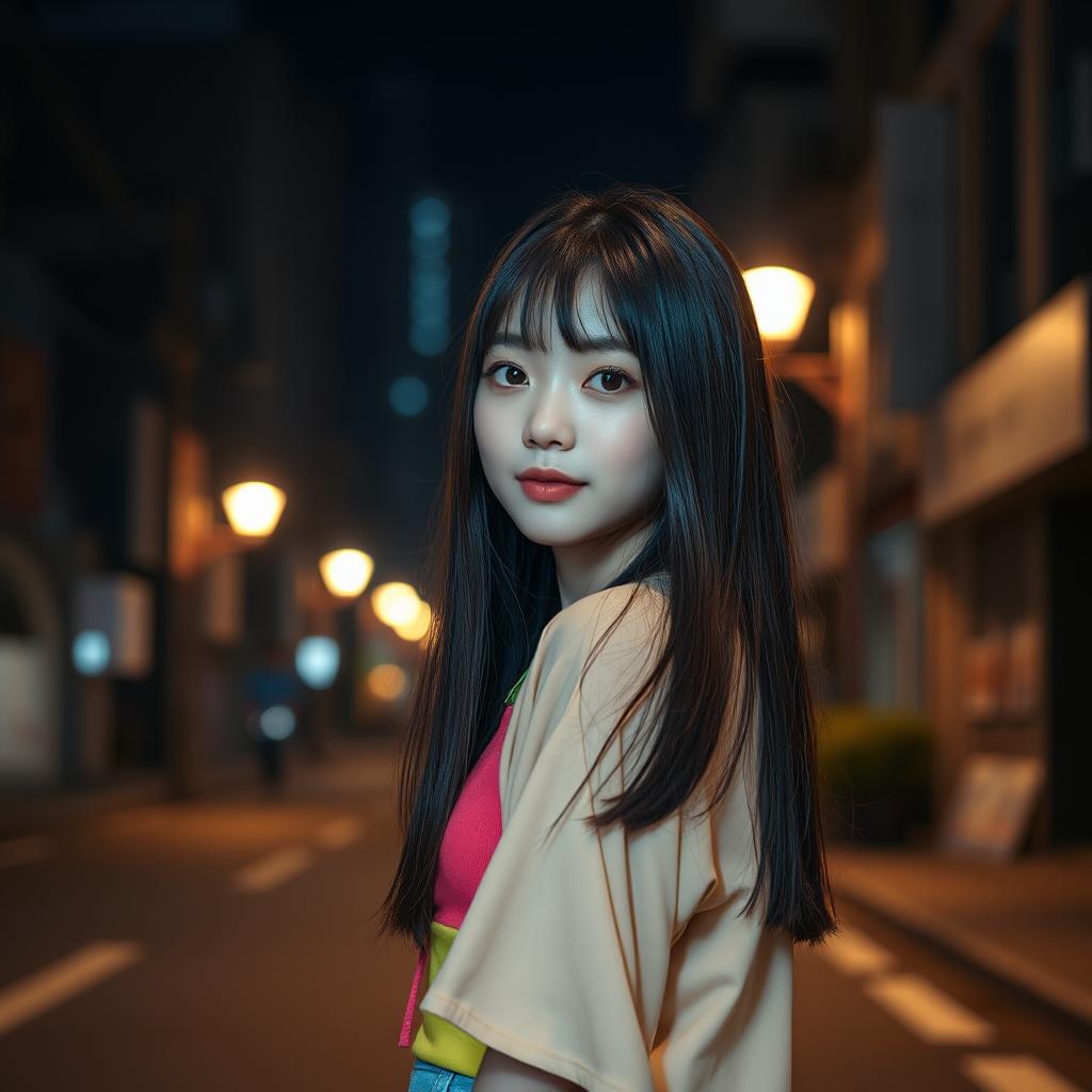 A cute Korean girl positioned at the side edge of the image in front view against a dark street background