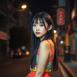 A cute Korean girl positioned at the side edge of the image in front view against a dark street background