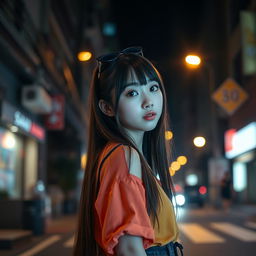 A cute Korean girl positioned at the side edge of the image in front view against a dark street background