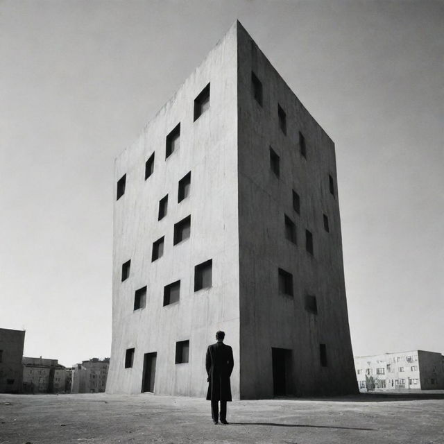 A surreal, black and white depiction of Franz Kafka standing outside an angular, monolithic building, symbolizing the bureaucratic nightmares present in his works.