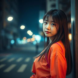 A cute Korean girl positioned at the side edge of the image in front view against a dark street background