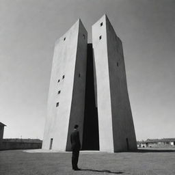 A surreal, black and white depiction of Franz Kafka standing outside an angular, monolithic building, symbolizing the bureaucratic nightmares present in his works.