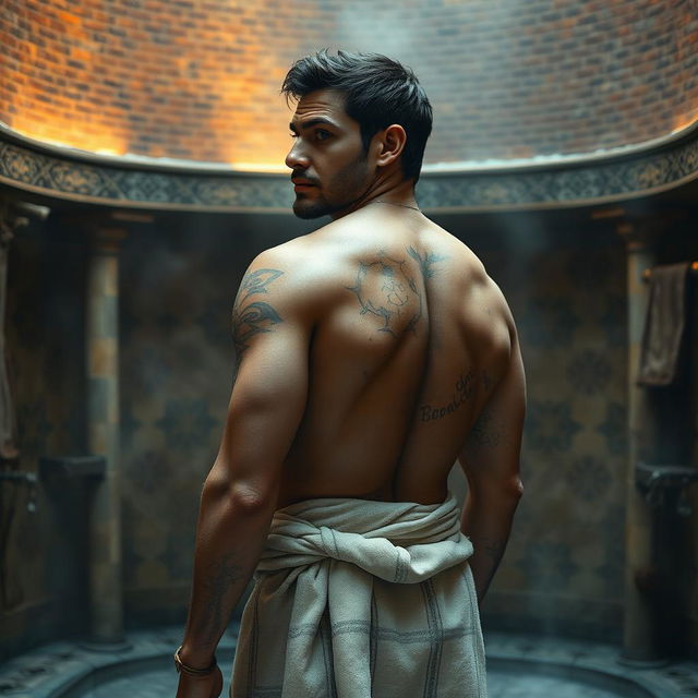 A 42-year-old human warrior standing in a medieval-style hammam bathhouse