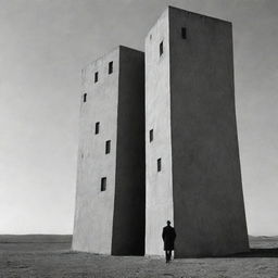 A surreal, black and white depiction of Franz Kafka standing outside an angular, monolithic building, symbolizing the bureaucratic nightmares present in his works.