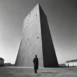 A surreal, black and white depiction of Franz Kafka standing outside an angular, monolithic building, symbolizing the bureaucratic nightmares present in his works.