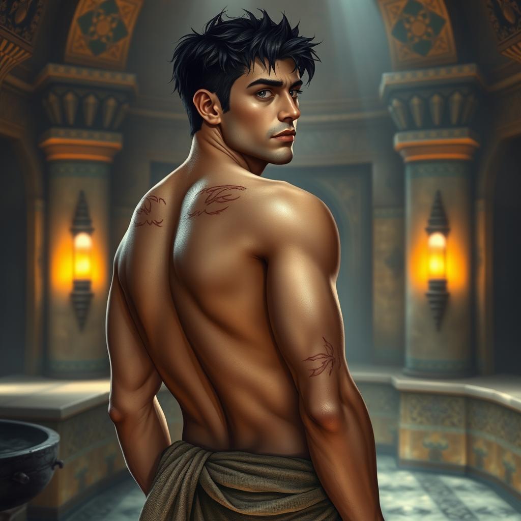 A 42-year-old human warrior character designed for Dungeons and Dragons, standing in a medieval-style hammam bathhouse