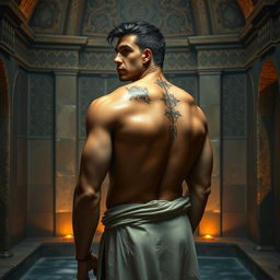 A 42-year-old human warrior character designed for Dungeons and Dragons, standing in a medieval-style hammam bathhouse